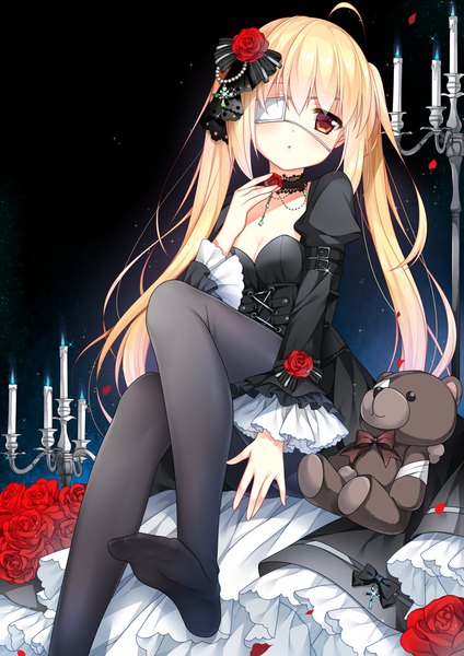 Anime picture 707x1000 with original verjuice single long hair tall image looking at viewer blush fringe open mouth blonde hair hair between eyes sitting twintails ahoge bent knee (knees) :o orange eyes gradient background gradient hair lolita fashion