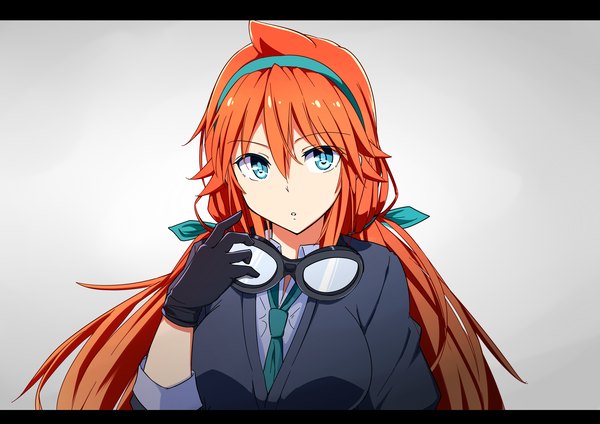 Anime picture 3035x2149 with original amano tora kazenoko single long hair looking at viewer fringe highres simple background hair between eyes twintails absurdres upper body ahoge parted lips aqua eyes orange hair grey background :o low twintails