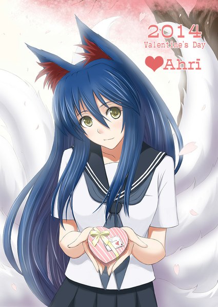 Anime picture 765x1080 with league of legends ahri (league of legends) tonnelee long hair tall image looking at viewer animal ears yellow eyes blue hair tail animal tail cherry blossoms multiple tails valentine girl uniform plant (plants) petals tree (trees) serafuku