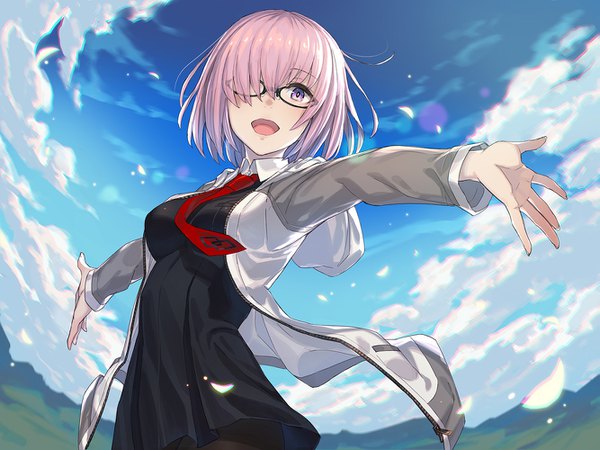 Anime picture 1333x1000 with fate (series) fate/grand order mash kyrielight kusano shinta single looking at viewer blush fringe short hair breasts open mouth standing purple eyes pink hair sky cloud (clouds) outdoors long sleeves hair over one eye open clothes