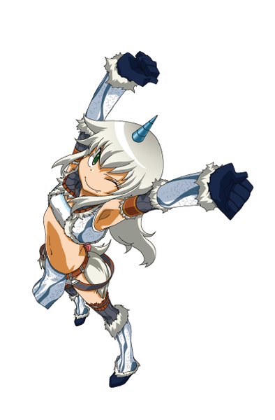 Anime picture 800x1217 with monster hunter kirin (armor) rantia (artist) single long hair tall image simple background smile white background green eyes silver hair one eye closed horn (horns) wink armpit (armpits) girl gloves navel