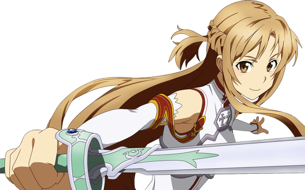 Anime picture 1680x1050 with sword art online a-1 pictures yuuki asuna single long hair looking at viewer brown hair wide image bare shoulders brown eyes light smile transparent background girl weapon detached sleeves sword