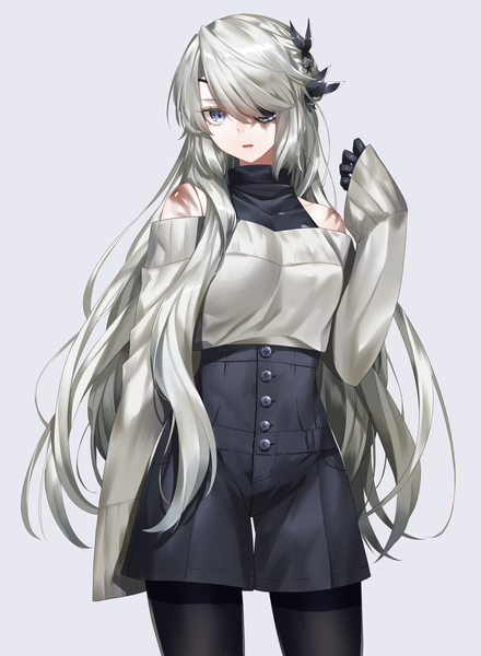 Anime picture 900x1228 with original lydia macarthur waka (shark waka) single long hair tall image looking at viewer fringe breasts open mouth blue eyes simple background standing bare shoulders silver hair arm up hair over one eye off shoulder grey background teeth