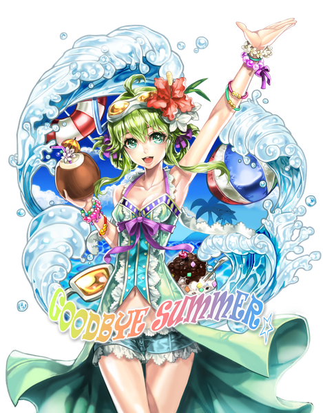 Anime picture 1300x1661 with vocaloid gumi bbbox (hotpppink) single long hair tall image looking at viewer fringe open mouth smile standing green eyes hair flower green hair inscription armpit (armpits) sleeveless transparent background girl dress