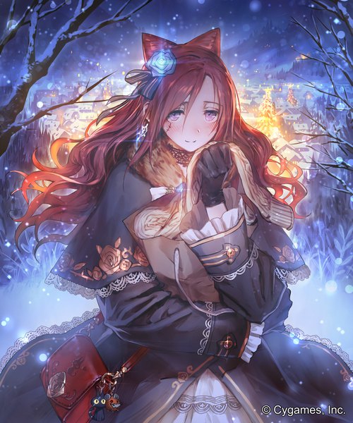 Anime picture 3000x3600 with shingeki no bahamut ceres (shingeki no bahamut) okada manabi single long hair tall image looking at viewer blush fringe highres smile hair between eyes standing purple eyes holding outdoors red hair long sleeves hair flower night