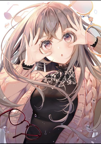 Anime picture 719x1024 with original kouyafu single long hair tall image looking at viewer blush fringe simple background brown hair white background upper body long sleeves pink eyes open clothes arms up :o floating hair floral print eyewear removed