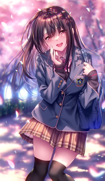 Anime picture 1000x1724 with hanikami kanojo minazumi kasane piromizu single long hair tall image looking at viewer blush fringe open mouth smile hair between eyes red eyes brown hair standing outdoors long sleeves head tilt :d pleated skirt