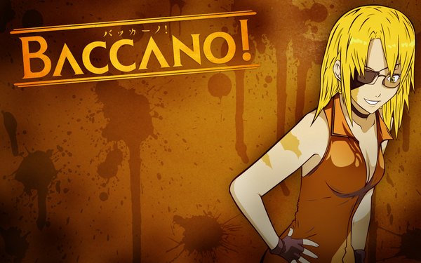 Anime picture 1920x1200 with baccano! nice holystone highres blonde hair wide image bare shoulders yellow eyes scar choker glasses fingerless gloves eyepatch