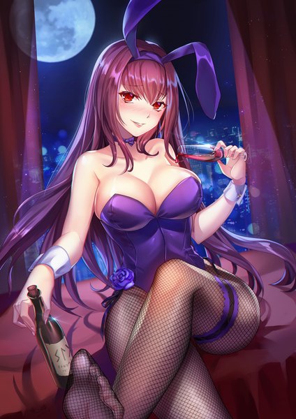 Anime picture 1414x2000 with fate (series) fate/grand order scathach (fate) (all) scathach (fate) scathach (piercing bunny) (fate) lalazyt single long hair tall image looking at viewer blush fringe breasts light erotic smile hair between eyes red eyes large breasts sitting bare shoulders