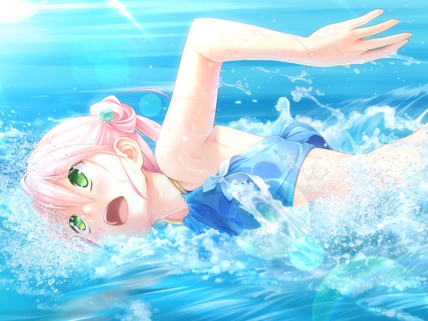 Anime picture 1024x768 with cafe sourire cuffs (studio) mizushima serika long hair open mouth green eyes pink hair game cg girl swimsuit