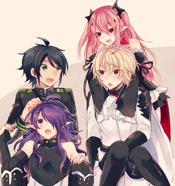 Anime picture 816x871 with owari no seraph wit studio kururu tepes hyakuya yuuichirou hyakuya mikaela ashuramaru syougo long hair tall image looking at viewer blush fringe short hair open mouth black hair simple background blonde hair smile hair between eyes red eyes