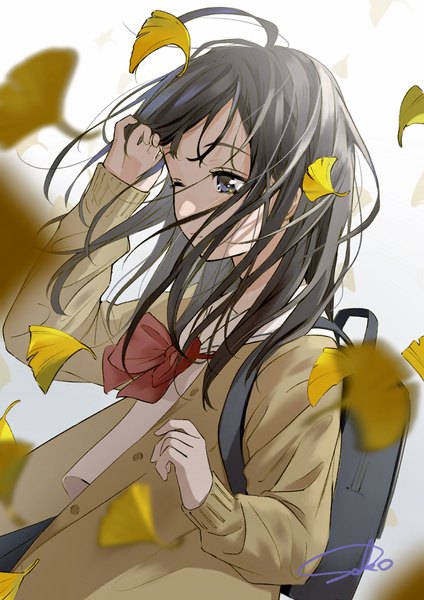 Anime picture 2480x3508 with original sako (user ndpz5754) single long hair tall image highres blue eyes black hair signed looking away one eye closed wind girl uniform serafuku leaf (leaves) cardigan backpack autumn leaves ginkgo