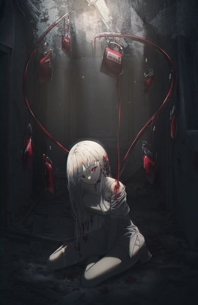 Anime picture 1680x2580 with original flippy (cripine111) single long hair tall image looking at viewer fringe hair between eyes red eyes sitting bare shoulders full body white hair indoors off shoulder short sleeves light side slit between legs anaglyph