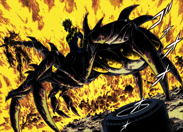 Anime picture 3932x2833 with guyver zoollord alkan009 single highres short hair black hair standing absurdres profile wind manga death monster boy boy insect fire monster spikes spider