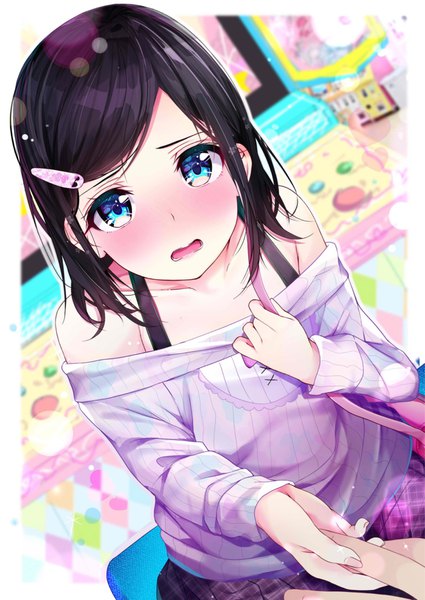 Anime picture 1532x2162 with original rouka (akatyann) single tall image looking at viewer blush fringe short hair open mouth blue eyes black hair sitting holding long sleeves fingernails off shoulder dutch angle embarrassed lens flare border
