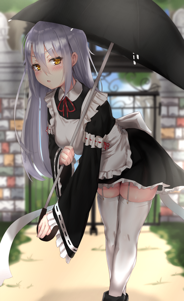 Anime picture 1011x1650 with original reinama single long hair tall image looking at viewer blush fringe breasts hair between eyes standing holding brown eyes silver hair outdoors parted lips blurry wide sleeves maid leaning