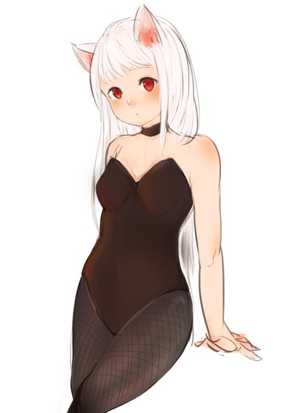 Anime picture 2480x3508 with original ikoan single long hair tall image looking at viewer blush fringe highres light erotic simple background red eyes standing white background bare shoulders animal ears white hair head tilt cat ears arm support