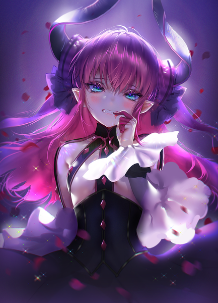 Anime picture 896x1240 with fate (series) fate/grand order fate/extra fate/extra ccc elizabeth bathory (fate) (all) elizabeth bathory (fate) zenke single long hair tall image looking at viewer blush fringe light erotic simple background hair between eyes standing pink hair arm up horn (horns)