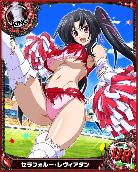 Anime picture 640x800 with highschool dxd serafall leviathan single long hair tall image looking at viewer breasts open mouth light erotic black hair twintails purple eyes torn clothes card (medium) cheerleader girl thighhighs skirt navel underwear