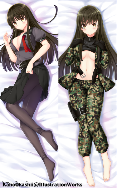 Anime picture 2000x3200 with kaho okashii single long hair tall image looking at viewer blush highres breasts light erotic black hair yellow eyes cleavage full body dakimakura (medium) girl skirt navel uniform school uniform pantyhose