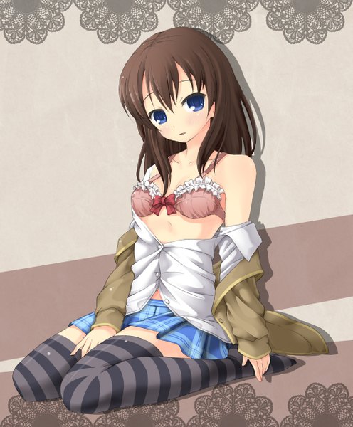 Anime picture 1041x1258 with original yoruda single long hair tall image looking at viewer blue eyes light erotic brown hair open clothes open shirt girl thighhighs skirt shirt lingerie bra striped thighhighs