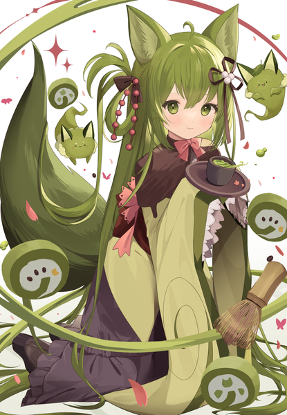 Anime picture 1003x1450 with original goma (u p) single long hair tall image looking at viewer blush fringe smile hair between eyes holding green eyes animal ears payot full body ahoge tail long sleeves animal tail green hair