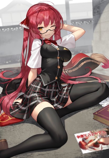 Anime picture 2244x3250 with virtual youtuber hololive houshou marine scottie (phantom2) single long hair tall image looking at viewer blush fringe highres breasts light erotic sitting yellow eyes payot ahoge bent knee (knees) red hair indoors