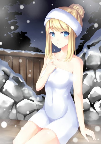 Anime picture 707x1000 with original aoi usagi single tall image looking at viewer blue eyes light erotic blonde hair smile sitting night snowing winter snow steam naked towel girl towel onsen