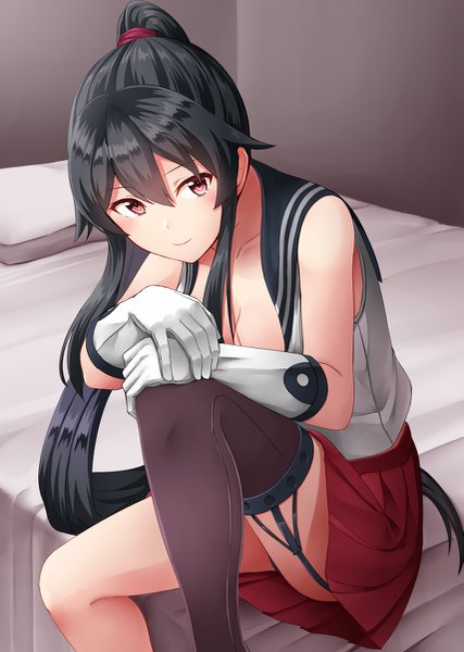 Anime picture 855x1200 with kantai collection yahagi light cruiser kamelie single long hair tall image looking at viewer blush fringe breasts light erotic black hair hair between eyes red eyes sitting payot bent knee (knees) ponytail indoors pleated skirt