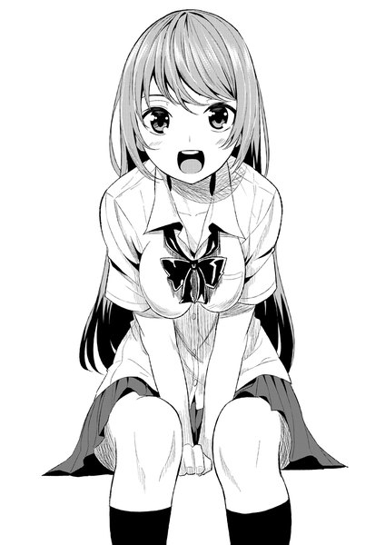 Anime picture 848x1200 with original nishigori atsushi single long hair tall image looking at viewer blush fringe breasts open mouth large breasts white background sitting pleated skirt embarrassed monochrome open collar screaming girl skirt