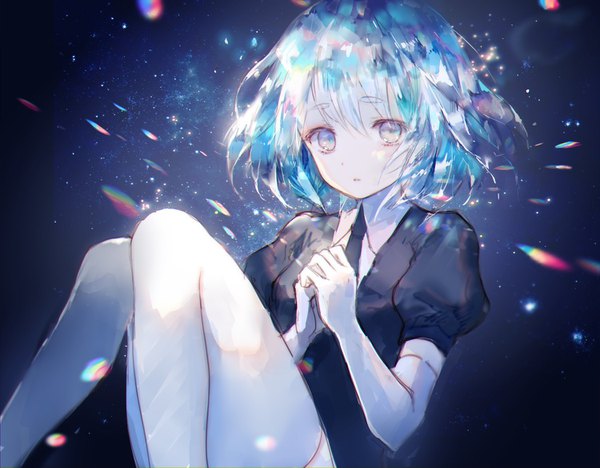 Anime picture 1500x1172 with houseki no kuni diamond (houseki no kuni) onineko single looking at viewer fringe short hair blue eyes hair between eyes sitting bent knee (knees) parted lips multicolored hair aqua hair zettai ryouiki puffy sleeves floating hair eyebrows pale skin hands clasped