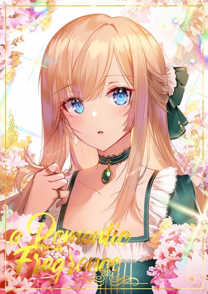 Anime picture 1200x1698 with original apple caramel single long hair tall image looking at viewer blush fringe open mouth blue eyes blonde hair payot upper body inscription half updo framed holding hair girl flower (flowers) earrings