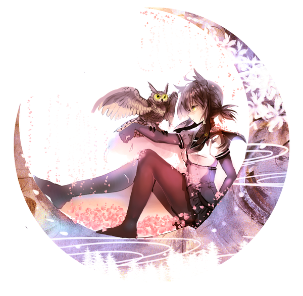 Anime picture 1098x1073 with kantai collection hatsuzuki destroyer cis (carcharias) single fringe short hair hair between eyes brown hair white background sitting yellow eyes looking away full body ahoge bent knee (knees) ponytail profile pleated skirt no shoes outstretched arm