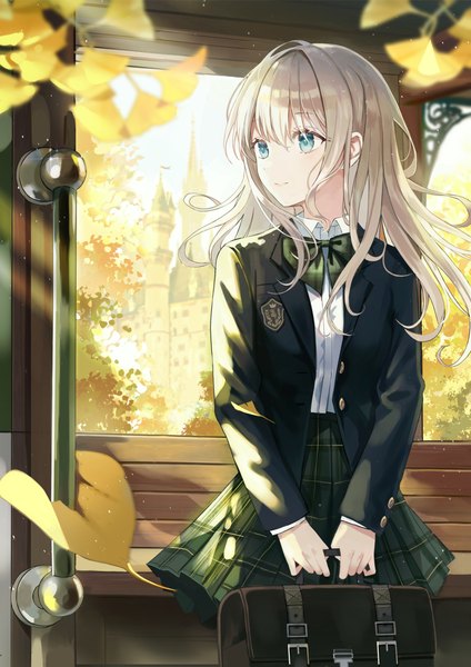 Anime picture 1061x1500 with original iren lovel single long hair tall image blush fringe blonde hair hair between eyes standing holding looking away outdoors long sleeves aqua eyes light smile sunlight blurry open clothes sparkle