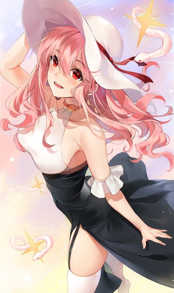 Anime picture 1000x1676 with original emyo single long hair tall image looking at viewer blush fringe breasts open mouth light erotic simple background smile hair between eyes red eyes bare shoulders pink hair :d arm up from above