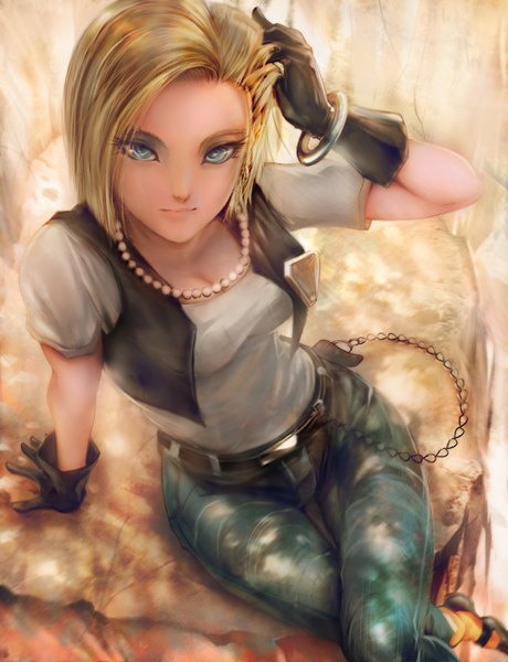 Anime picture 1024x1336 with dragon ball dragon ball z android 18 thezentlion (artist) single tall image looking at viewer short hair blue eyes blonde hair bent knee (knees) light smile from above crossed legs adjusting hair girl gloves black gloves bracelet belt