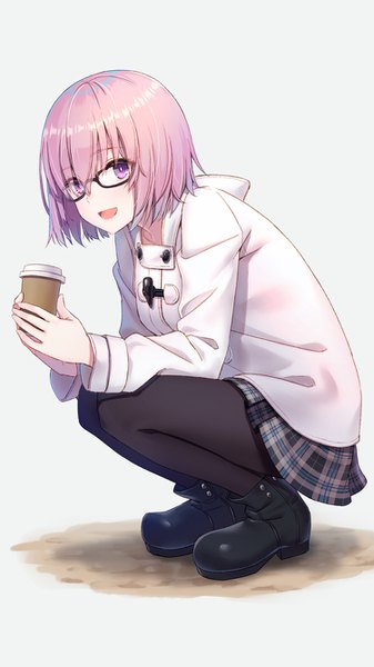 Anime picture 750x1334 with fate (series) fate/grand order mash kyrielight hyuuga azuri single tall image looking at viewer fringe short hair open mouth simple background smile hair between eyes white background purple eyes holding pink hair full body bent knee (knees) :d