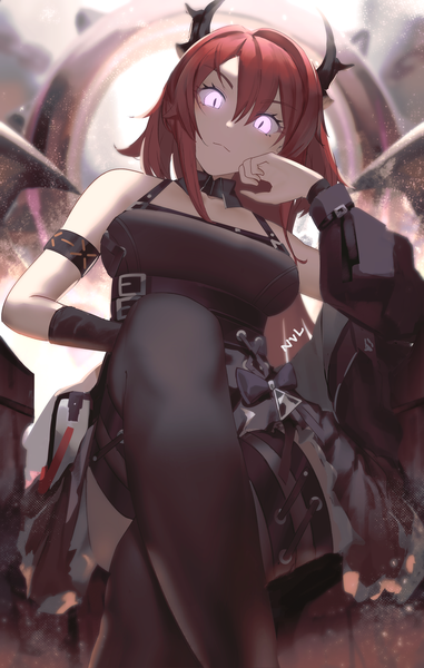 Anime picture 2482x3904 with arknights surtr (arknights) nvl single tall image looking at viewer fringe highres short hair breasts hair between eyes sitting bare shoulders signed bent knee (knees) red hair head tilt pink eyes arm up horn (horns)