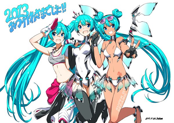 Anime picture 1169x827 with vocaloid goodsmile racing hatsune miku racing miku racing miku (2013) saitom open mouth light erotic simple background smile white background twintails very long hair aqua eyes aqua hair dark skin pale skin sunglasses on head multiple persona salute