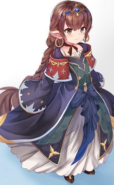 Anime picture 2000x3236 with granblue fantasy haaselia ponta (velmar) single tall image looking at viewer blush fringe highres simple background smile brown hair standing white background brown eyes full body braid (braids) very long hair pointy ears wide sleeves