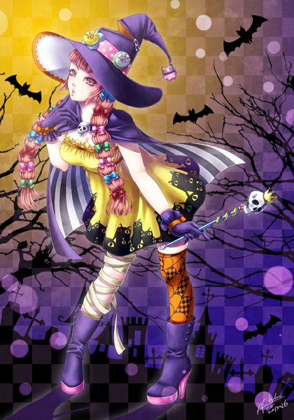 Anime picture 700x1000 with original achikoako single long hair tall image looking at viewer brown hair brown eyes halloween witch girl dress gloves bow hair bow hat animal boots bandage (bandages) witch hat