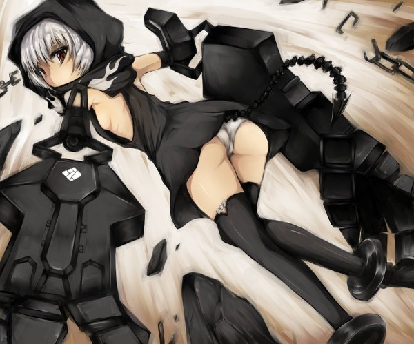 Anime picture 1200x999 with black rock shooter strength (black rock shooter) single short hair light erotic red eyes white hair tail looking back mechanical parts girl thighhighs underwear panties black thighhighs hood chain