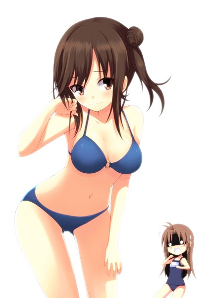 Anime picture 849x1200 with non non biyori silver link aixioo long hair tall image blush light erotic black hair simple background white background brown eyes girl navel swimsuit bikini one-piece swimsuit school swimsuit
