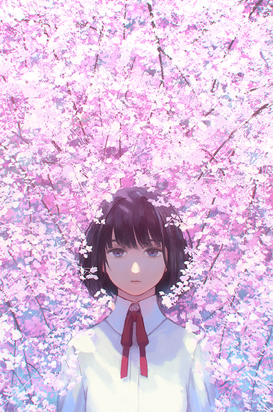 Anime picture 530x800 with original hiko (scape) single tall image looking at viewer fringe short hair blue eyes black hair upper body cherry blossoms serious girl plant (plants) shirt tree (trees) white shirt branch