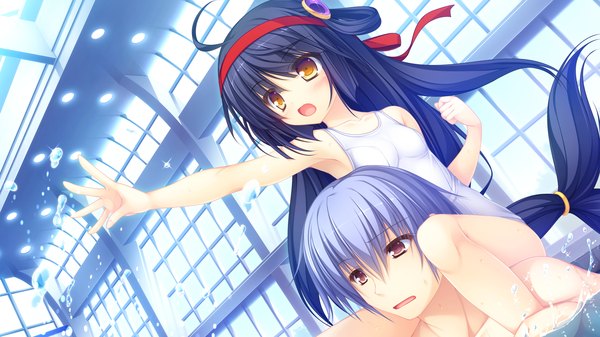 Anime picture 1920x1080 with kujiragami no tearstilla riru whale mikagami mamizu long hair blush highres short hair open mouth light erotic black hair wide image yellow eyes blue hair game cg girl boy swimsuit hairband white school swimsuit