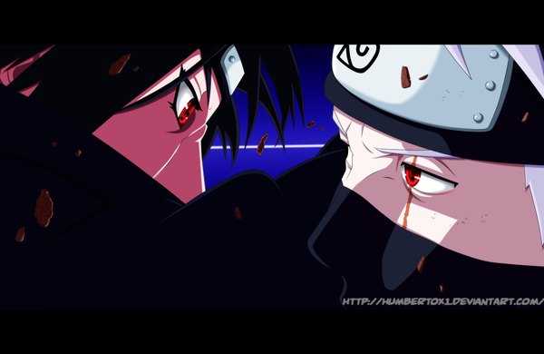 Anime picture 2000x1300 with naruto studio pierrot naruto (series) uchiha itachi hatake kakashi humbertox1 highres short hair black hair red eyes white hair profile coloring scar face to face eye contact akatsuki sharingan boy mask