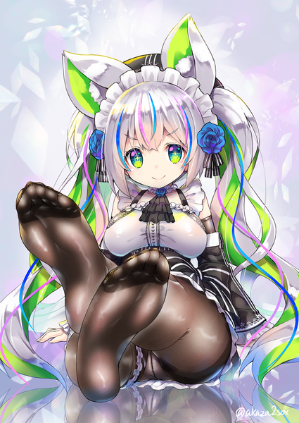Anime picture 725x1024 with original akaza single long hair tall image looking at viewer fringe light erotic smile hair between eyes sitting twintails green eyes signed animal ears payot silver hair tail multicolored hair hair flower