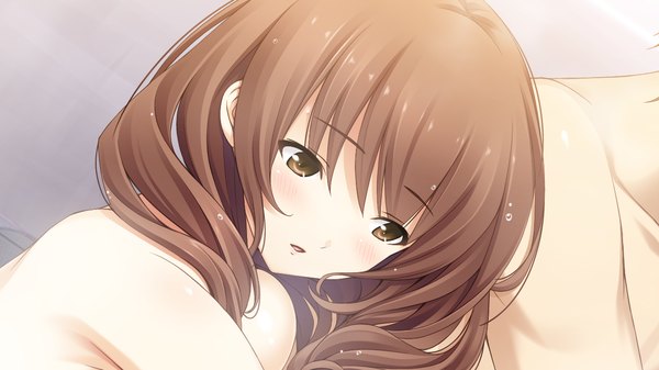 Аниме картинка 1280x720 с hotch kiss giga mikage shizuku mikoto akemi длинные волосы румянец лёгкая эротика каштановые волосы широкое изображение карие глаза game cg девушка
