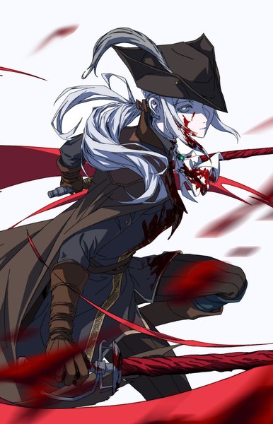 Anime picture 1608x2499 with bloodborne from software lady maria of the astral clocktower s jiaogu single long hair tall image looking at viewer simple background standing holding white hair standing on one leg low ponytail dual wielding blood on face bloody clothes white eyes hat over eyes girl