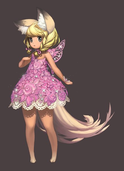 Anime picture 4862x6733 with blade & soul lyn (blade & soul) single long hair tall image highres simple background blonde hair animal ears absurdres tail braid (braids) barefoot grey background grey eyes twin braids girl dress